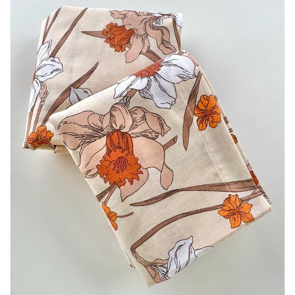Vintage 70s bedsheet, your choice: flat or fitted; orange, white brown daffodil - Picture 1 of 10